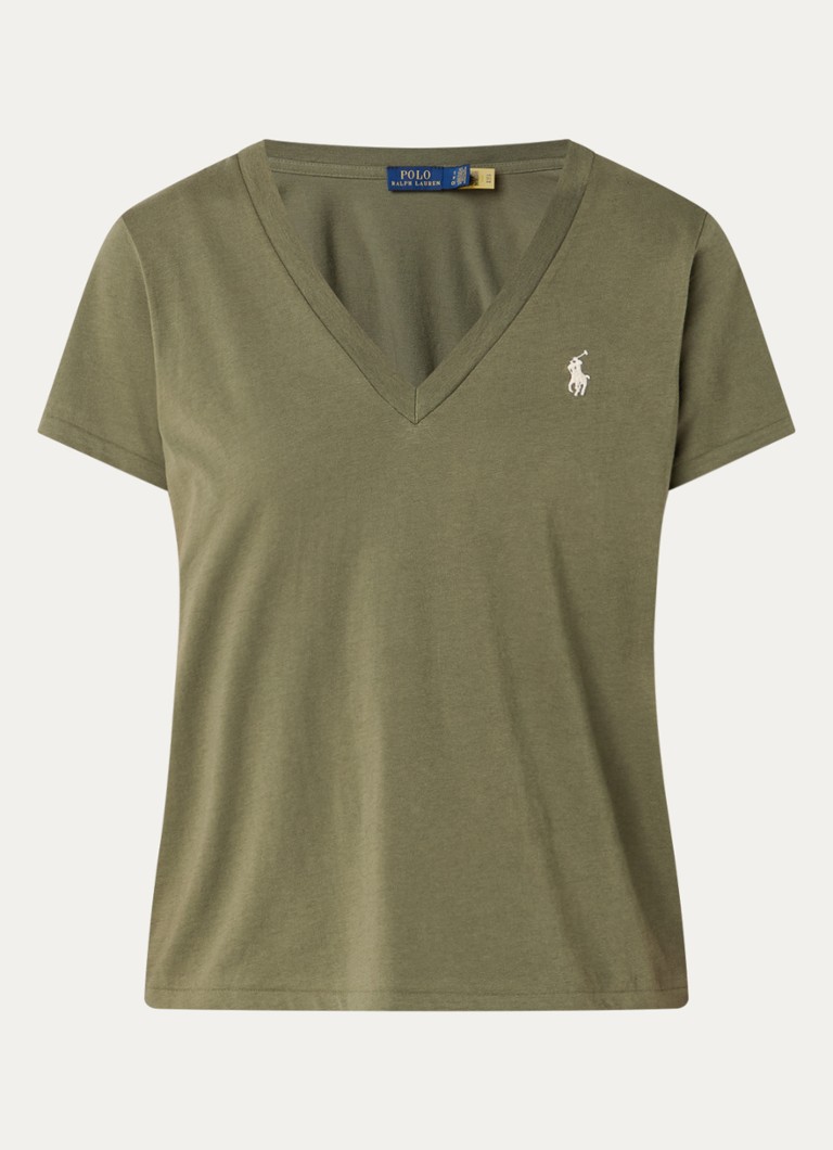 Ralph Lauren Dames T-shirt met logoborduring en V-hals in de kleur Olijfgroen, maat: M