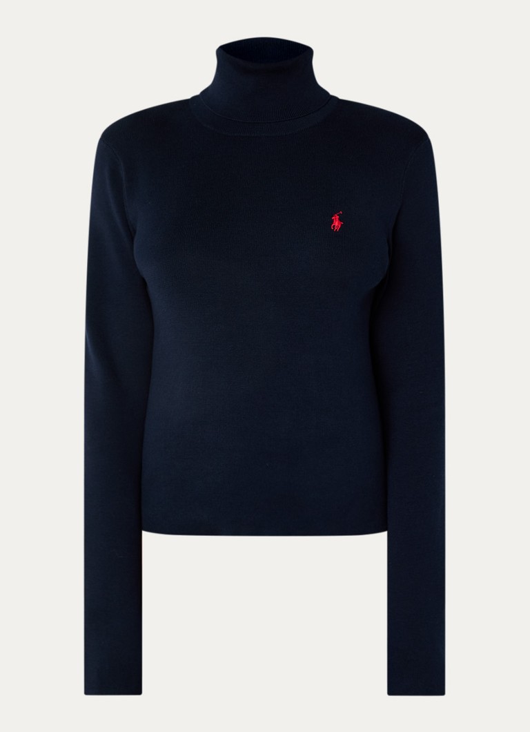 Ralph Lauren Dames Fijngebreide trui met logo en col in de kleur Donkerblauw, maat: M