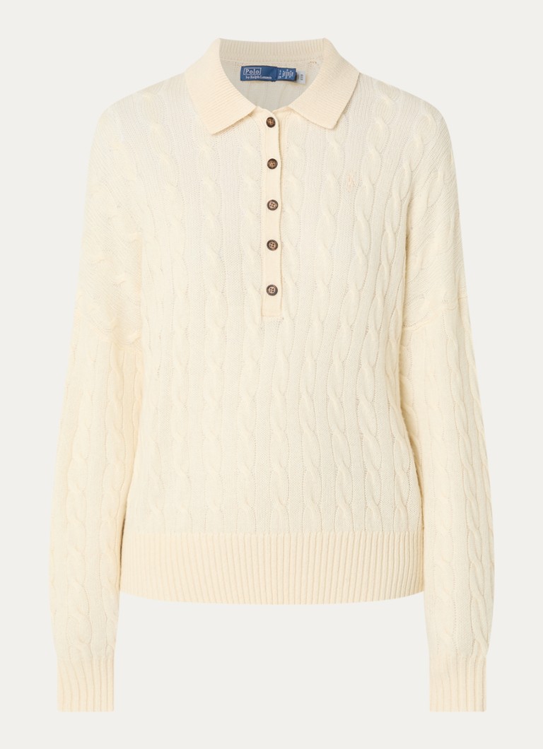 Ralph Lauren Dames Kabelgebreide trui in kasjmierblend met polokraag en logoborduring in de kleur Gebroken wit, maat: L
