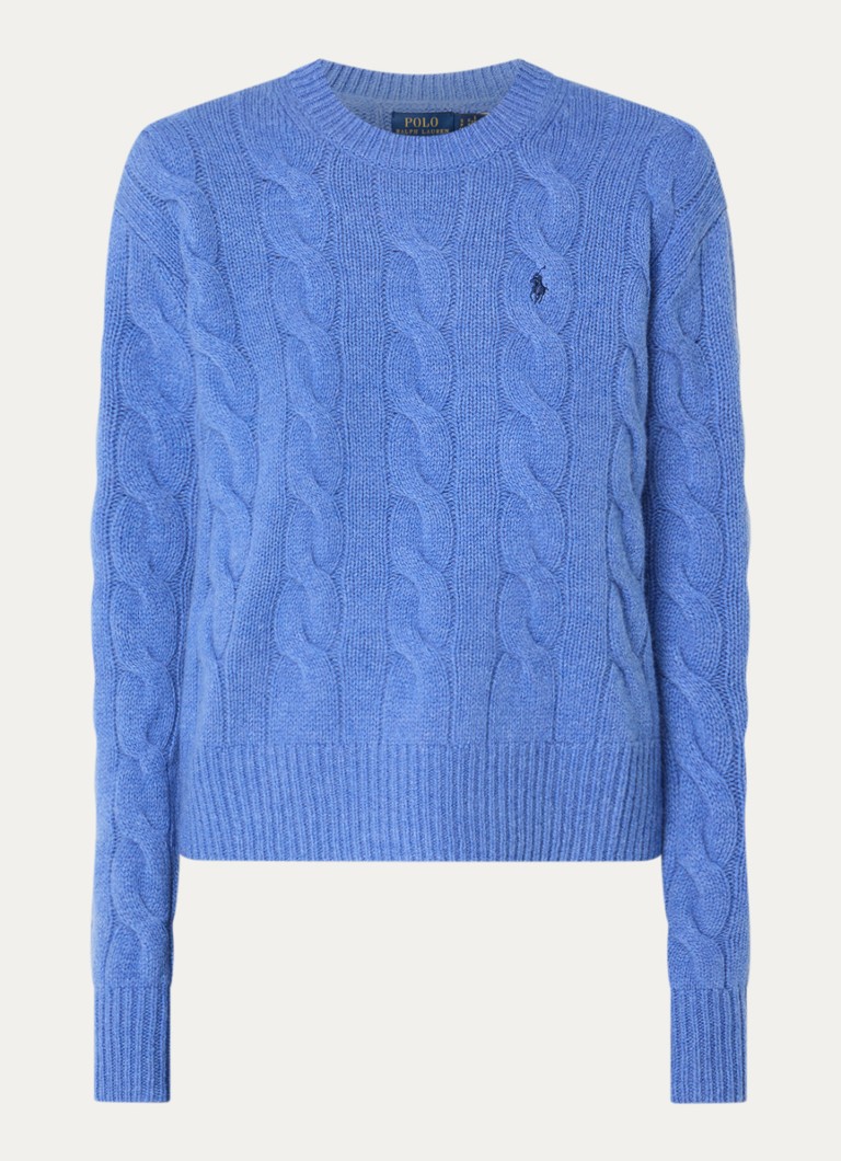 Ralph Lauren Dames Kabelgebreide trui in kasjmierblend met logoborduring in de kleur Blauw, maat: XL