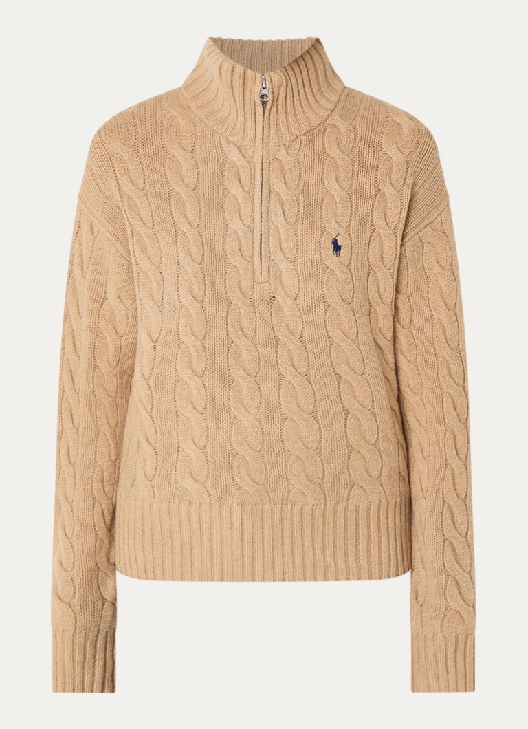 Ralph Lauren Dames Kabelgebreide trui in kasjmierblend met halve rits en logoborduring in de kleur Camel, maat: S