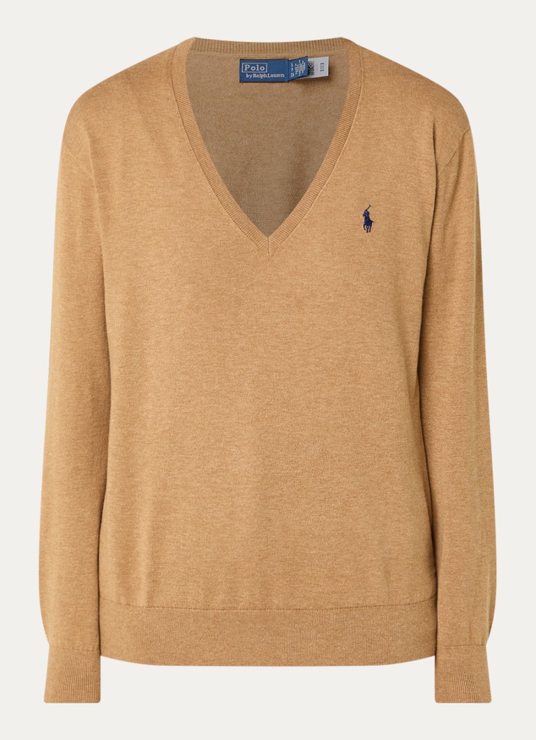 Ralph Lauren Dames Fijngebreide pullover met V-hals en logoborduring in de kleur Camel, maat: L