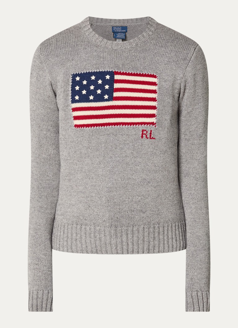 Ralph Lauren Dames Grofgebreide trui met borduring in de kleur Grijs, maat: S