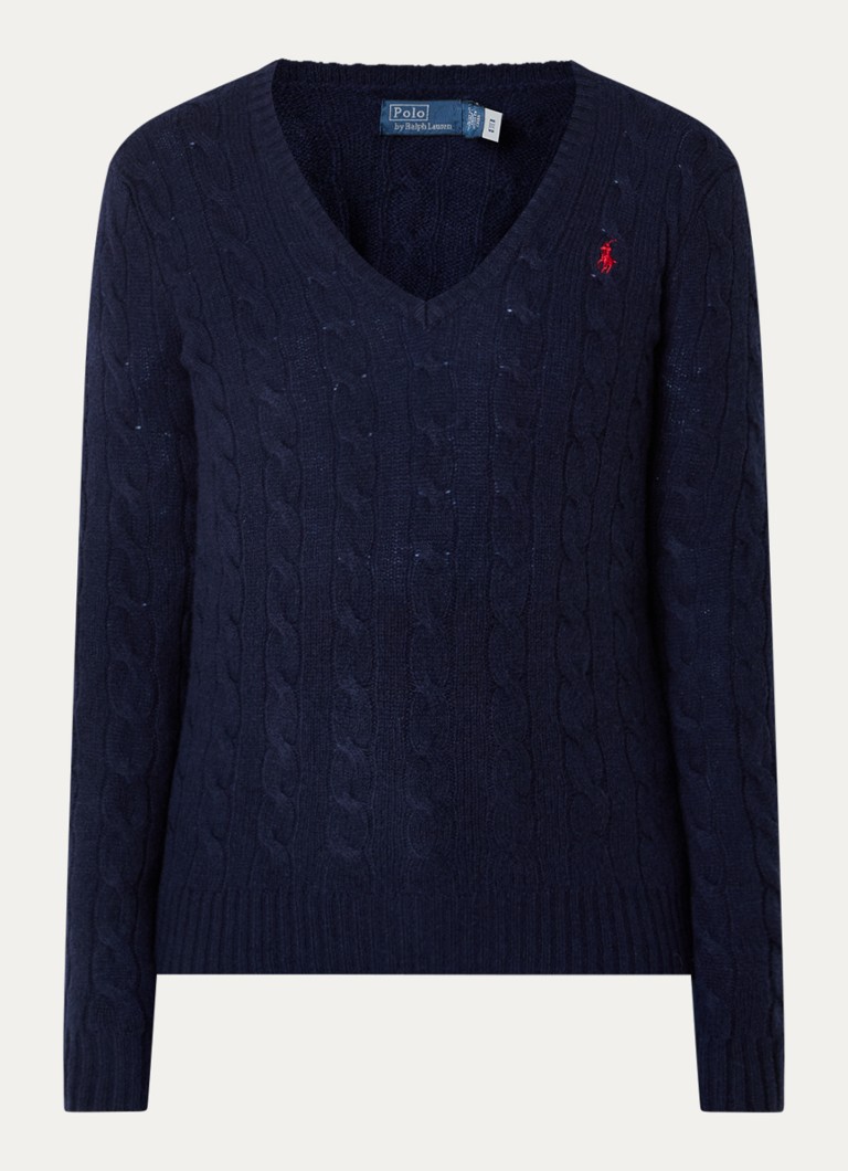 Ralph Lauren Dames Kabelgebreide trui met logo borduring in de kleur Donkerblauw, maat: L