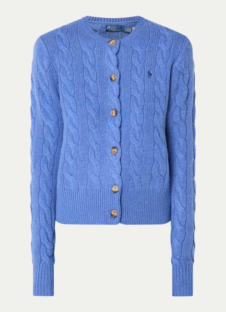 Ralph Lauren Dames Kabelgebreid vest in kasjmierblend met logoborduring in de kleur Blauw, maat: XS