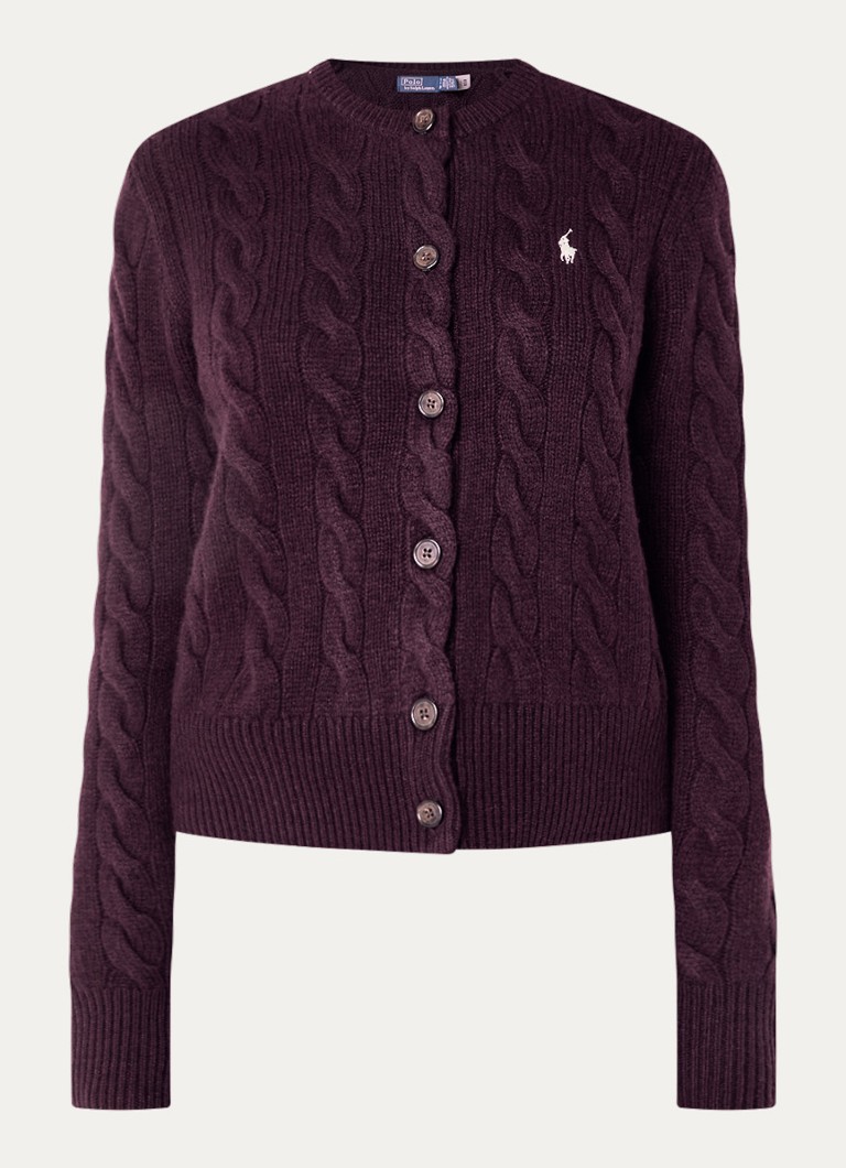 Ralph Lauren Dames Grofgebreid vest in kasjmierblend met logo in de kleur Aubergine, maat: L