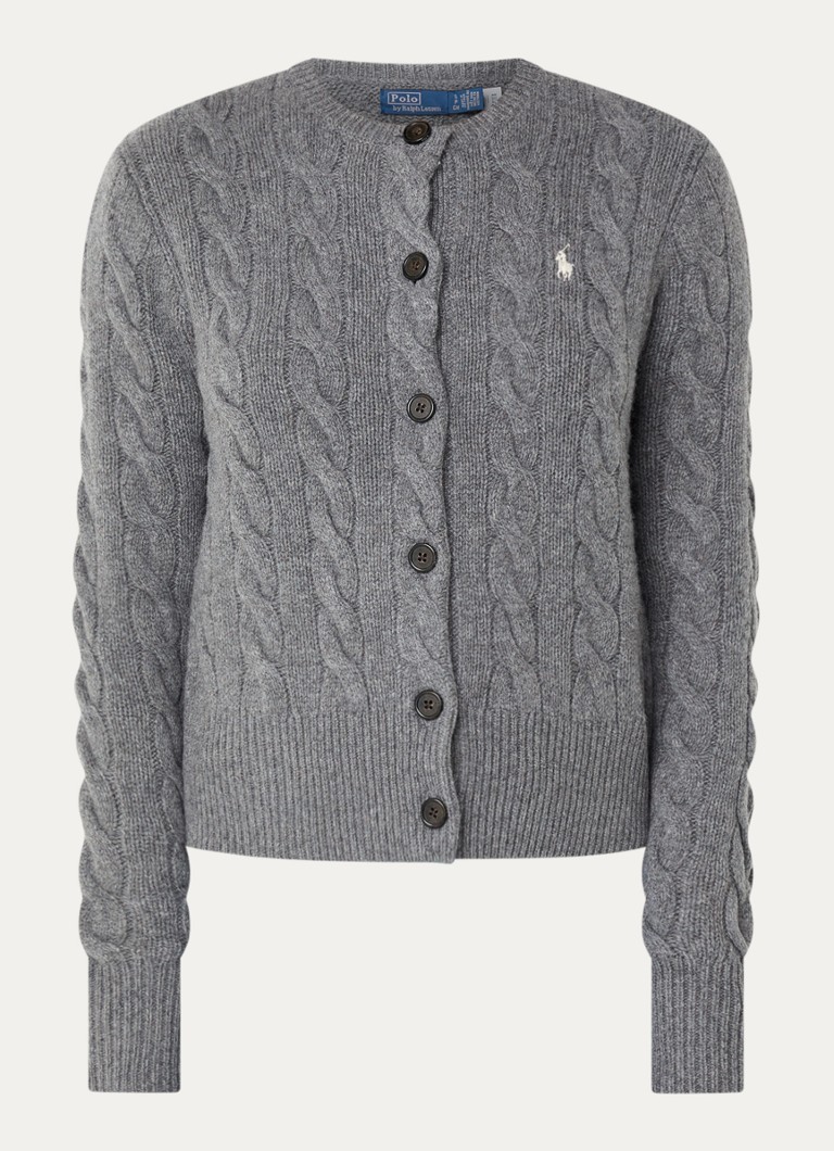 Ralph Lauren Dames Kabelgebreid vest in kasjmierblend met logoborduring in de kleur Grijs, maat: M