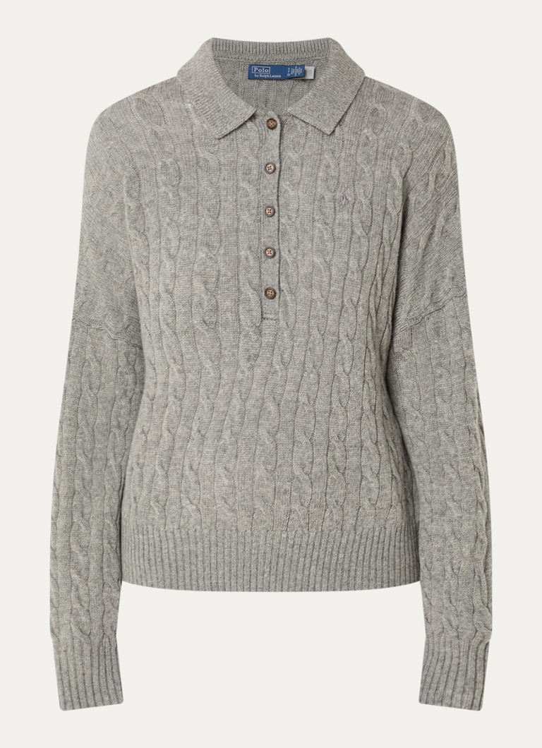 Ralph Lauren Dames Kabelgebreide trui in kasjmierblend met polokraag en logoborduring in de kleur Grijs, maat: XL