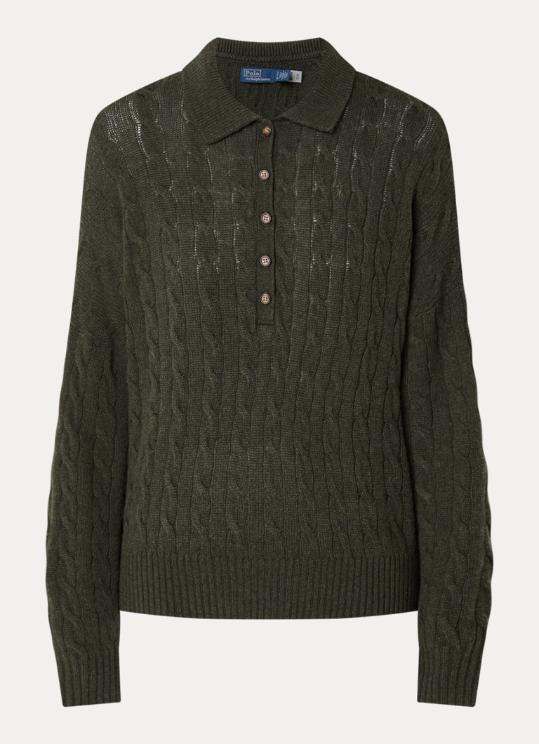 Ralph Lauren Dames Kabelgebreide trui in kasjmierblend met polokraag en logoborduring in de kleur Bronsgroen, maat: XL