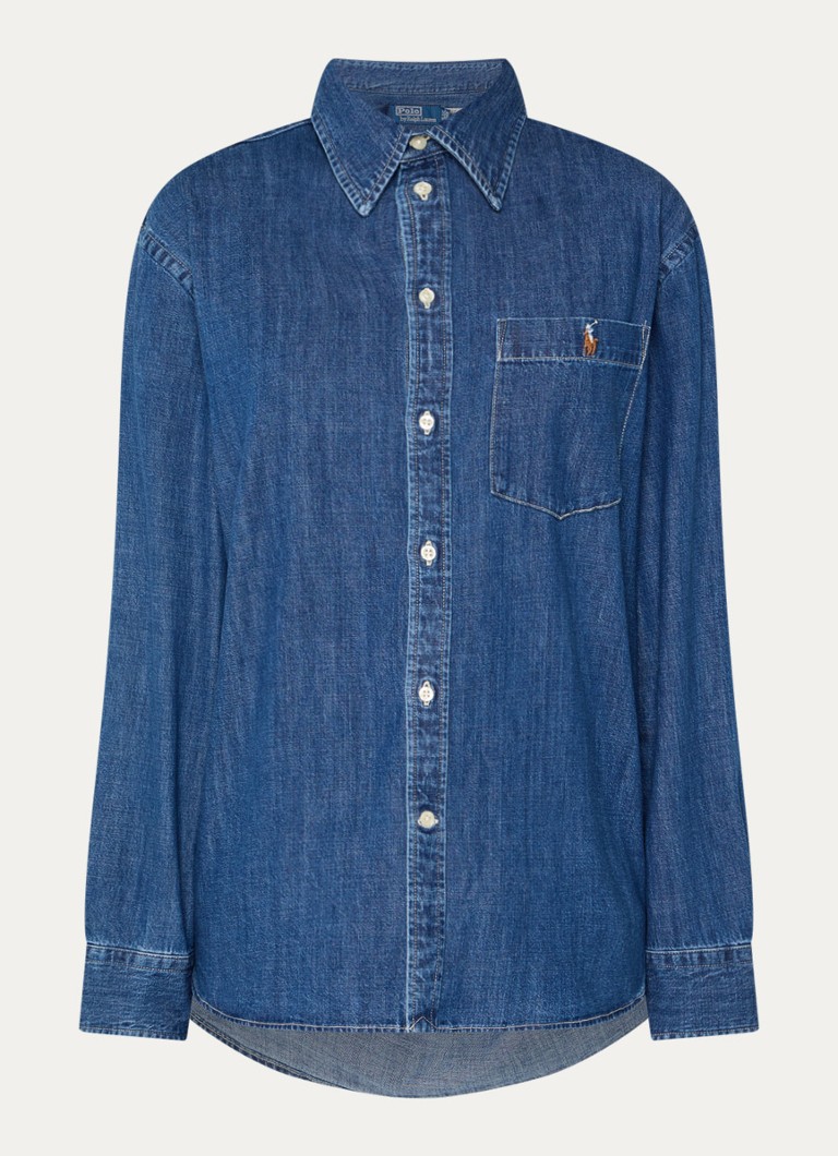 Ralph Lauren Dames Blouse van denim met logo en borstzak in de kleur Indigo, maat: M