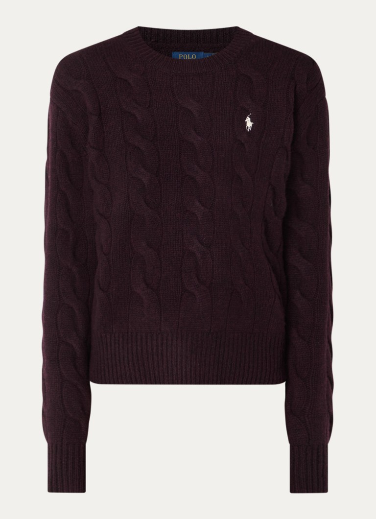 Ralph Lauren Dames Kabelgebreide trui in kasjmierblend met logoborduring in de kleur Aubergine, maat: S