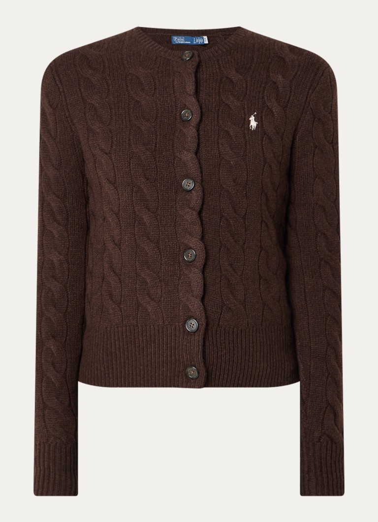 Ralph Lauren Dames Kabelgebreid vest in kasjmier wolblend met logoborduring in de kleur Bruin, maat: XL