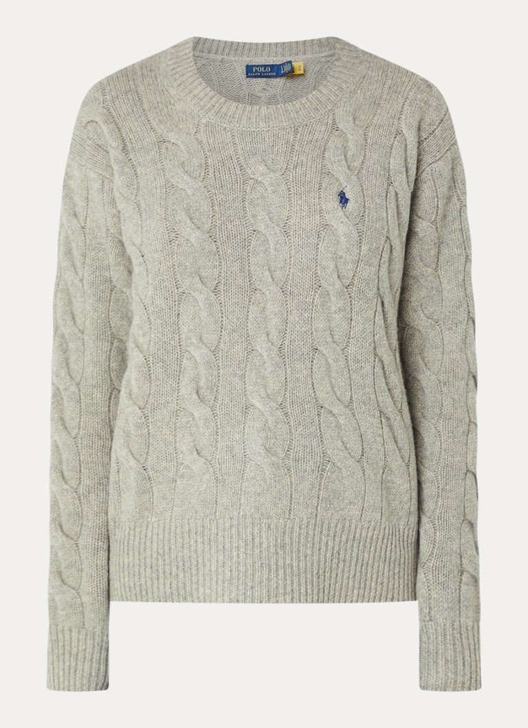 Ralph Lauren Dames Kabelgebreide trui in kasjmier wolblend met logo in de kleur Grijs, maat: M