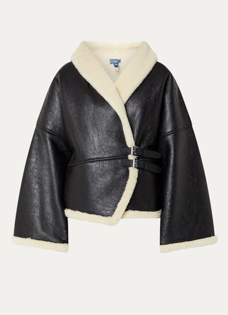 Ralph Lauren Dames Jack van leer met details van wol in de kleur Zwart, maat: M