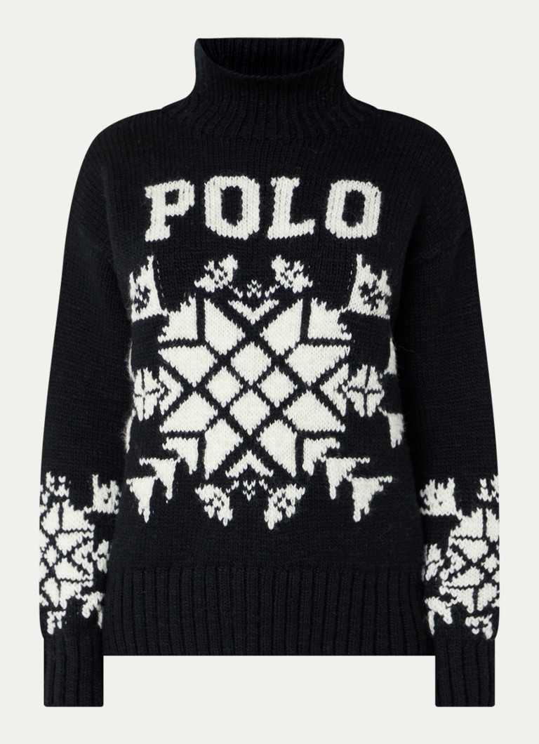 Ralph Lauren Dames Fijngebreide trui van wol met ingebreide logo in de kleur Zwart, maat: M