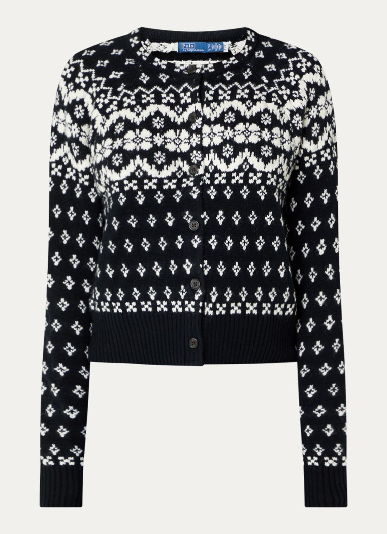 Ralph Lauren Dames Fijngebreid vest in wolblend met ingebreid print in de kleur Zwart, maat: M