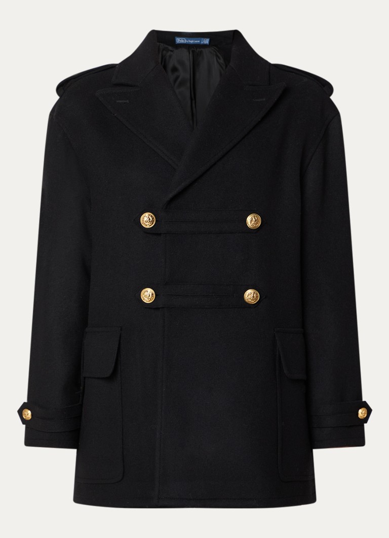 Ralph Lauren Dames Double-breasted mantel van wol met klepzakken in de kleur Zwart, maat: S