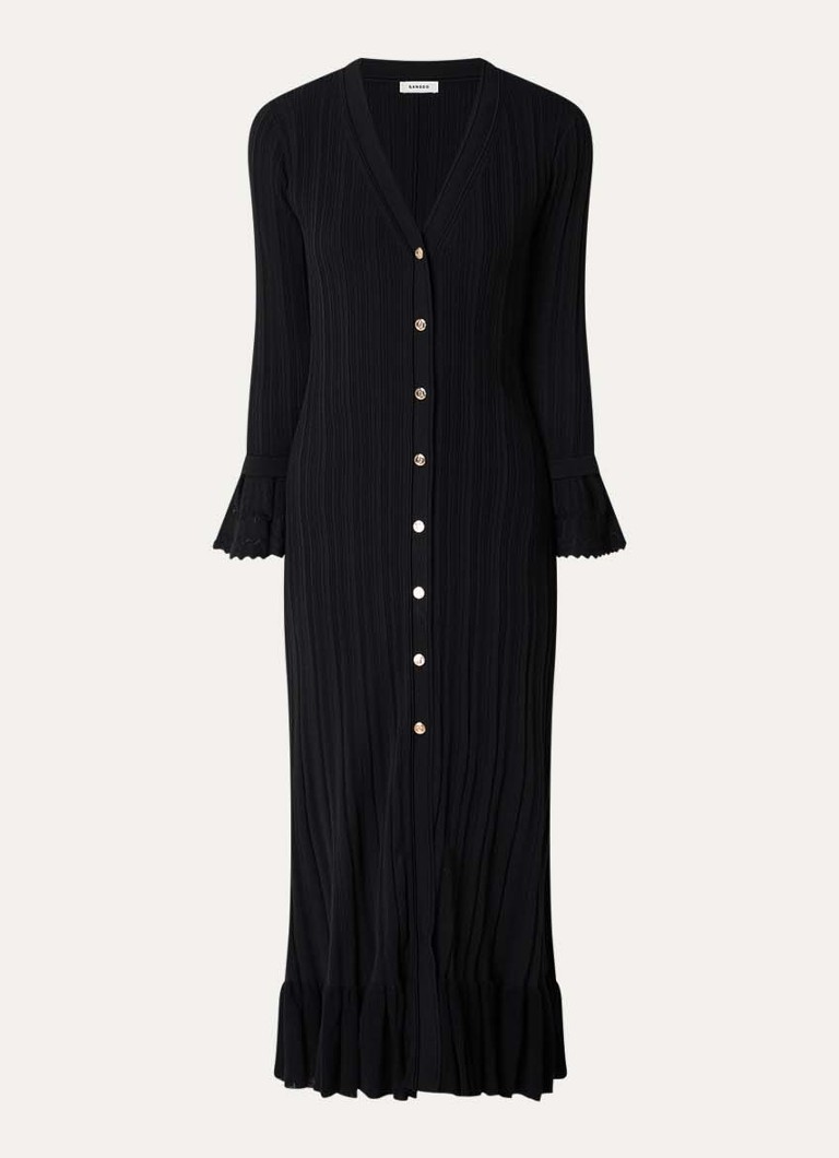 Sandro Dames Maxi jurk met ribstructuur en V-hals in de kleur Zwart