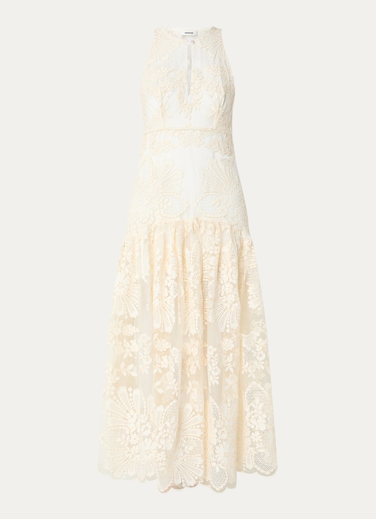 Sandro Dames Semi-transparante maxi A-lijn jurk met bloemborduring in de kleur Creme
