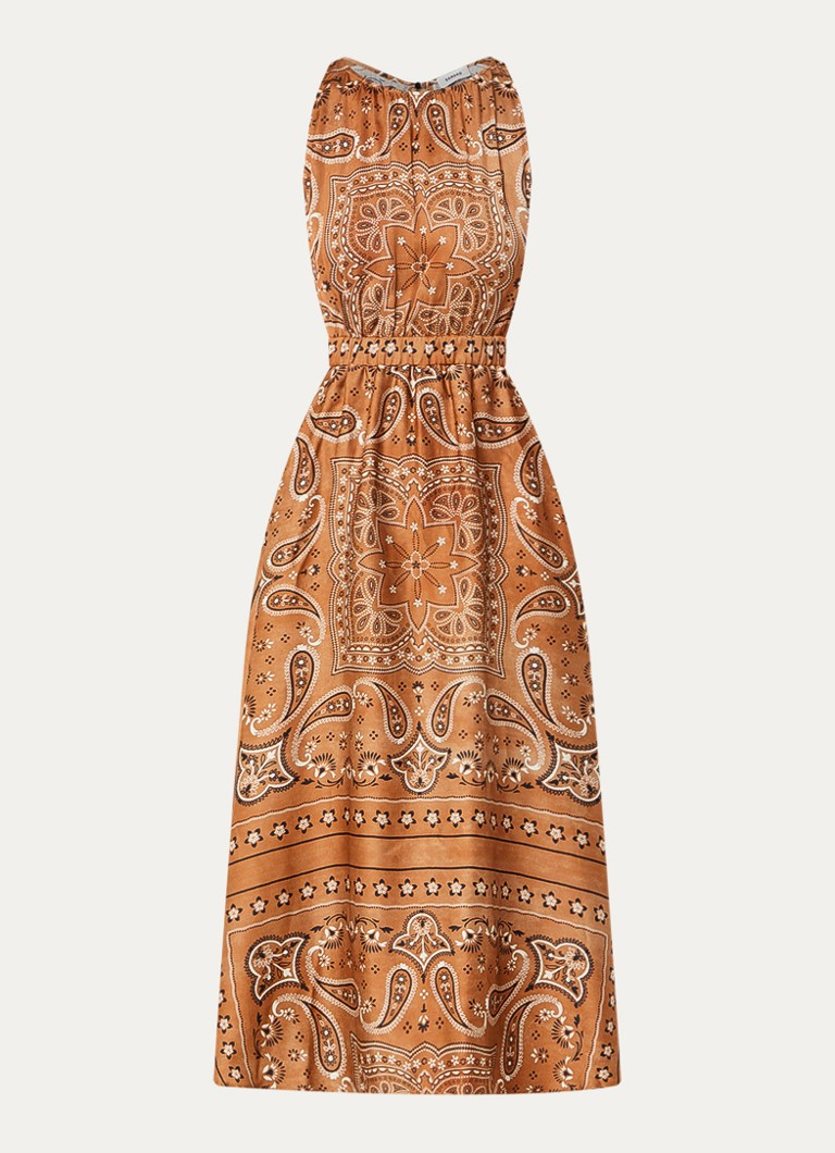 Sandro Dames Midi jurk met paisley dessin en gestrikt detail in de kleur Bruin