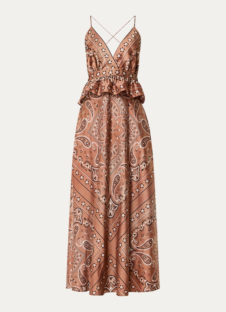 Sandro Dames Maxi jurk van satijn met paisley dessin in de kleur Roestbruin