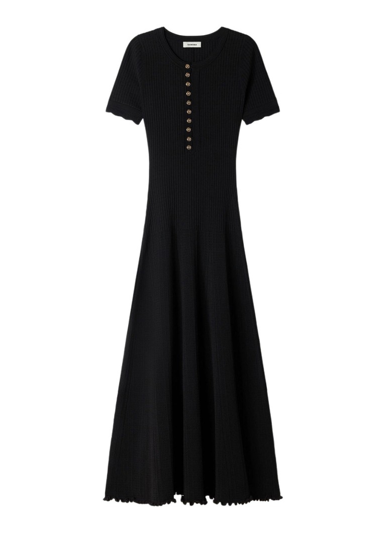 Sandro Dames Ribgebreide maxi jurk met knoopdetail in de kleur Zwart