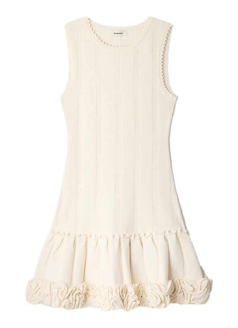 Sandro Dames Ribgebreide mini jurk met plooien in de kleur Creme