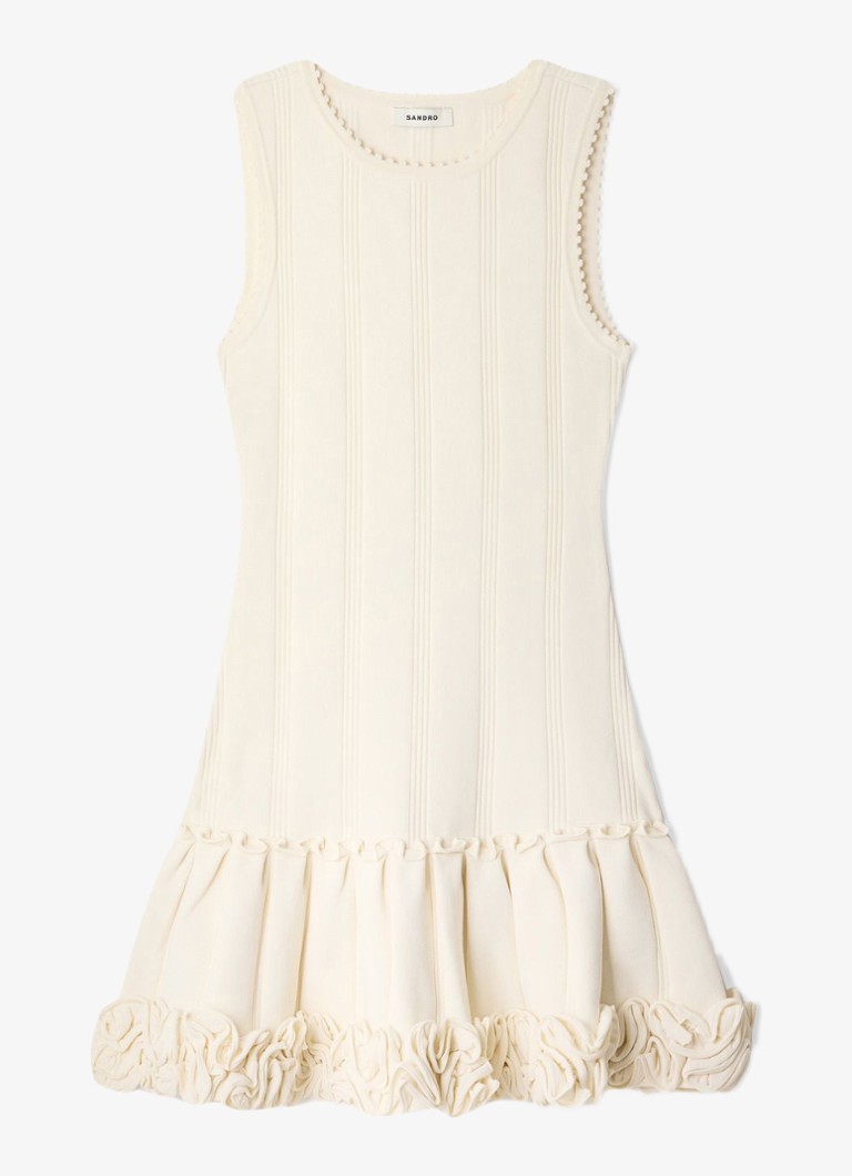 Sandro Dames Ribgebreide mini jurk met plooien in de kleur Creme