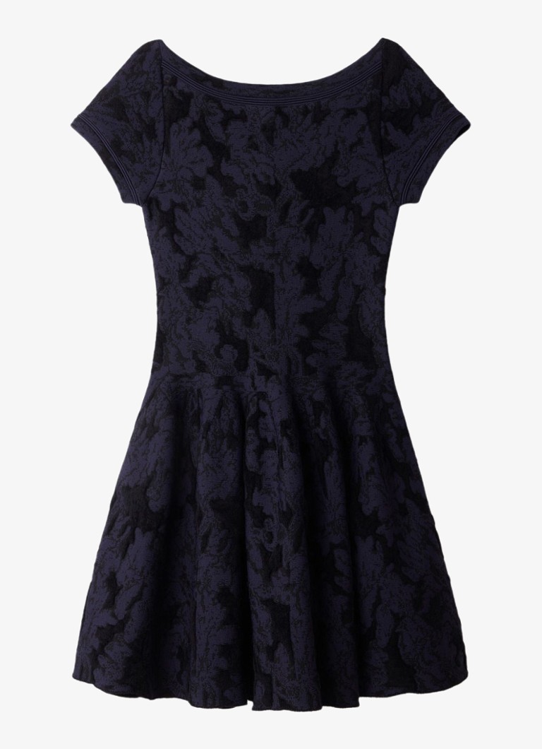 Sandro Dames Fijngebreide mini jurk met jacquard dessin in de kleur Donkerblauw