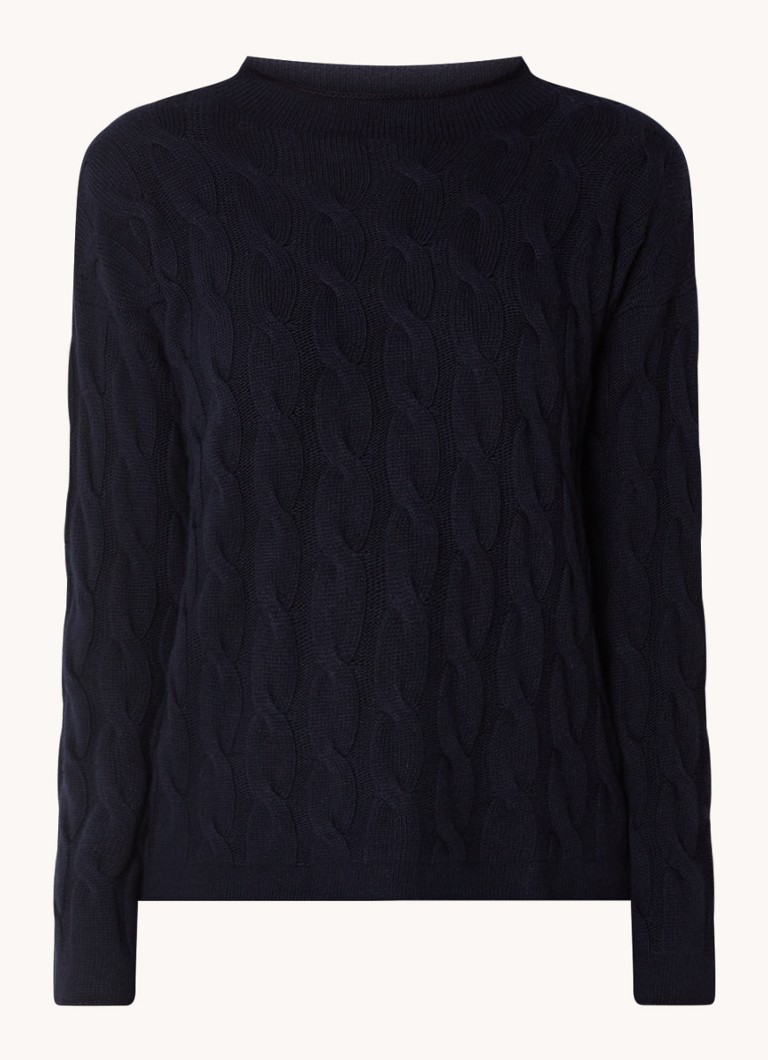 Benetton Dames Kabelgebreide trui in kasjmierblend met opstaande kraag in de kleur Donkerblauw