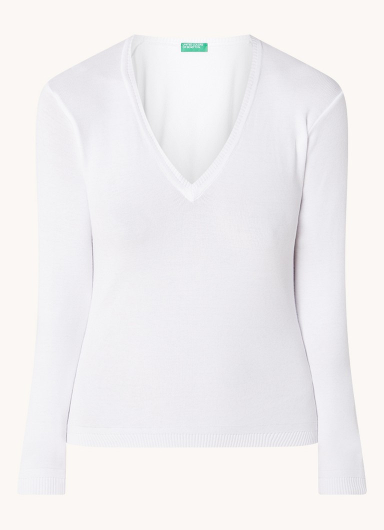 Benetton Dames Fijngebreide pullover met V-hals in de kleur Gebroken wit