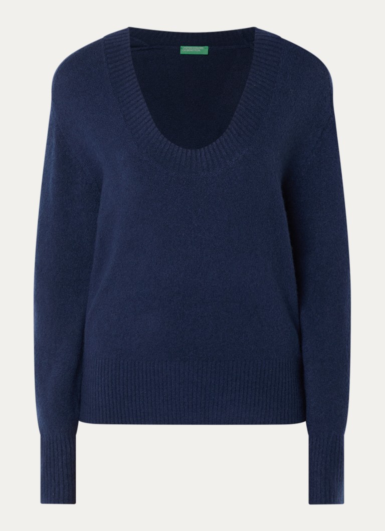Benetton Dames Fijngebreide pullover in wolblend met V-hals in de kleur Donkerblauw