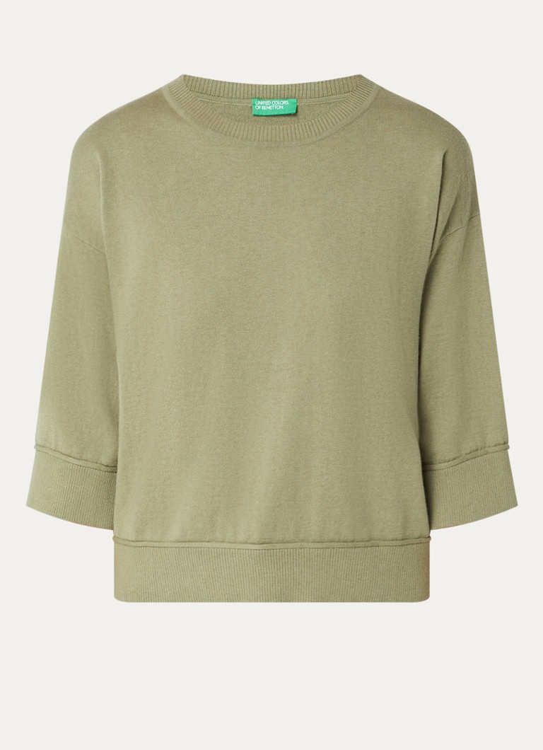 Benetton Dames Fijngebreide pullover in wolblend in de kleur Legergroen