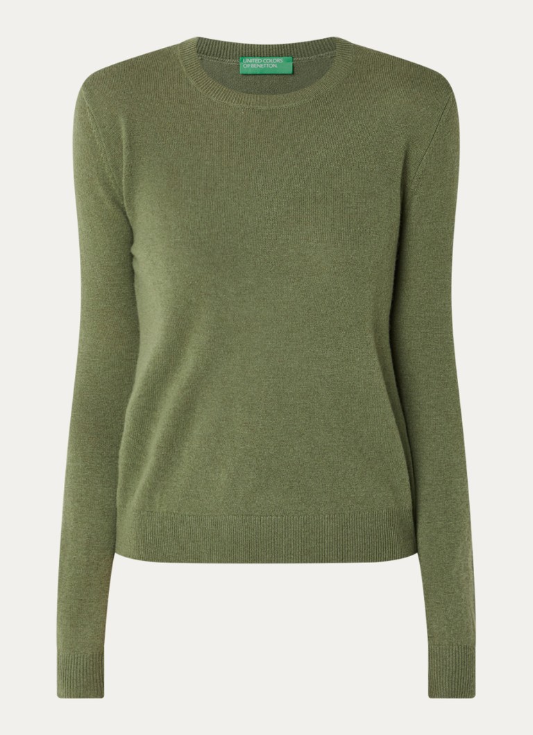 Benetton Dames Fijngebreide pullover van merino wol in de kleur Mosgroen