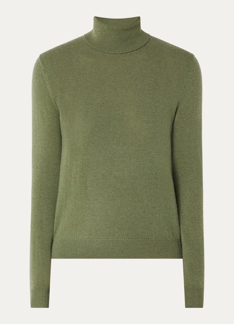 Benetton Dames Fijngebreide coltrui van merino wol in de kleur Mosgroen
