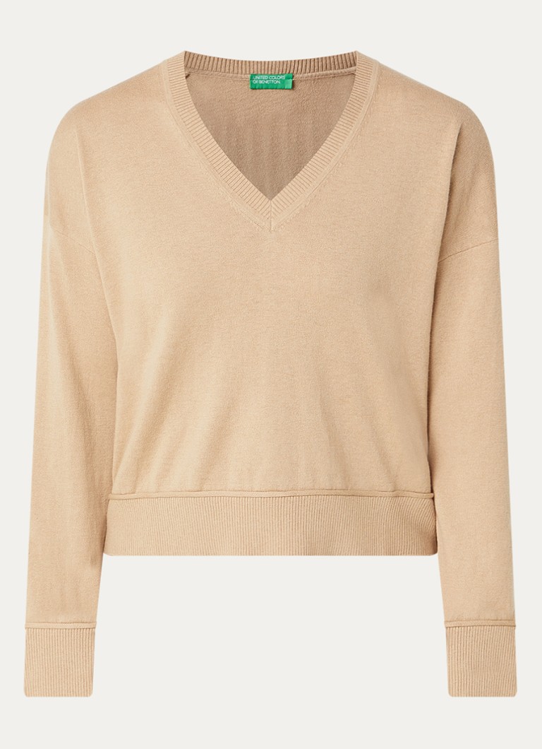 Benetton Dames Fijngebreide pullover in wolblend met V-hals in de kleur Camel