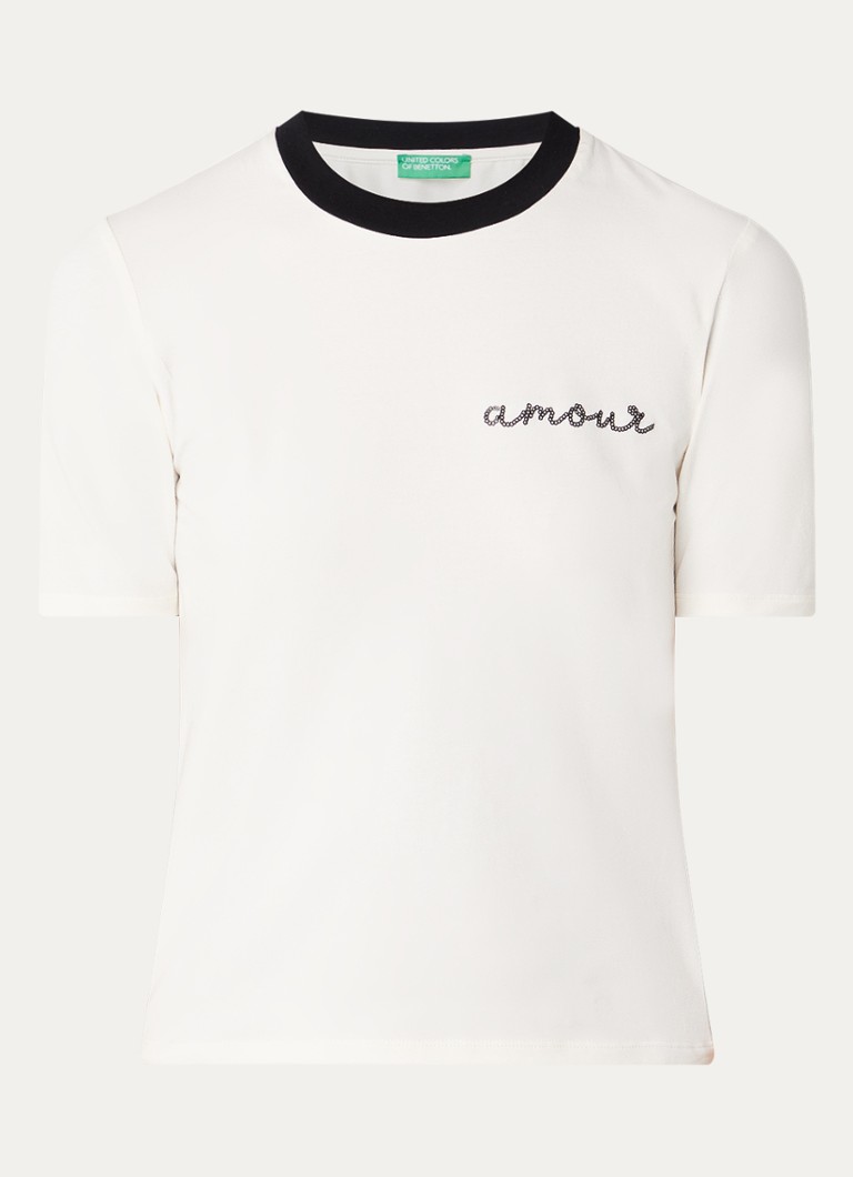 Benetton Dames T-shirt met logo en pailletten in de kleur Creme