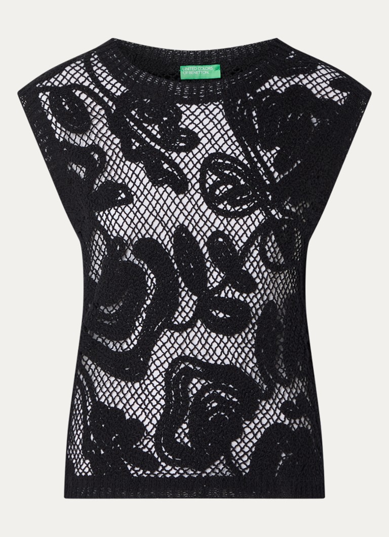 Benetton Dames Mouwloze top met opengewerkt dessin in de kleur Zwart