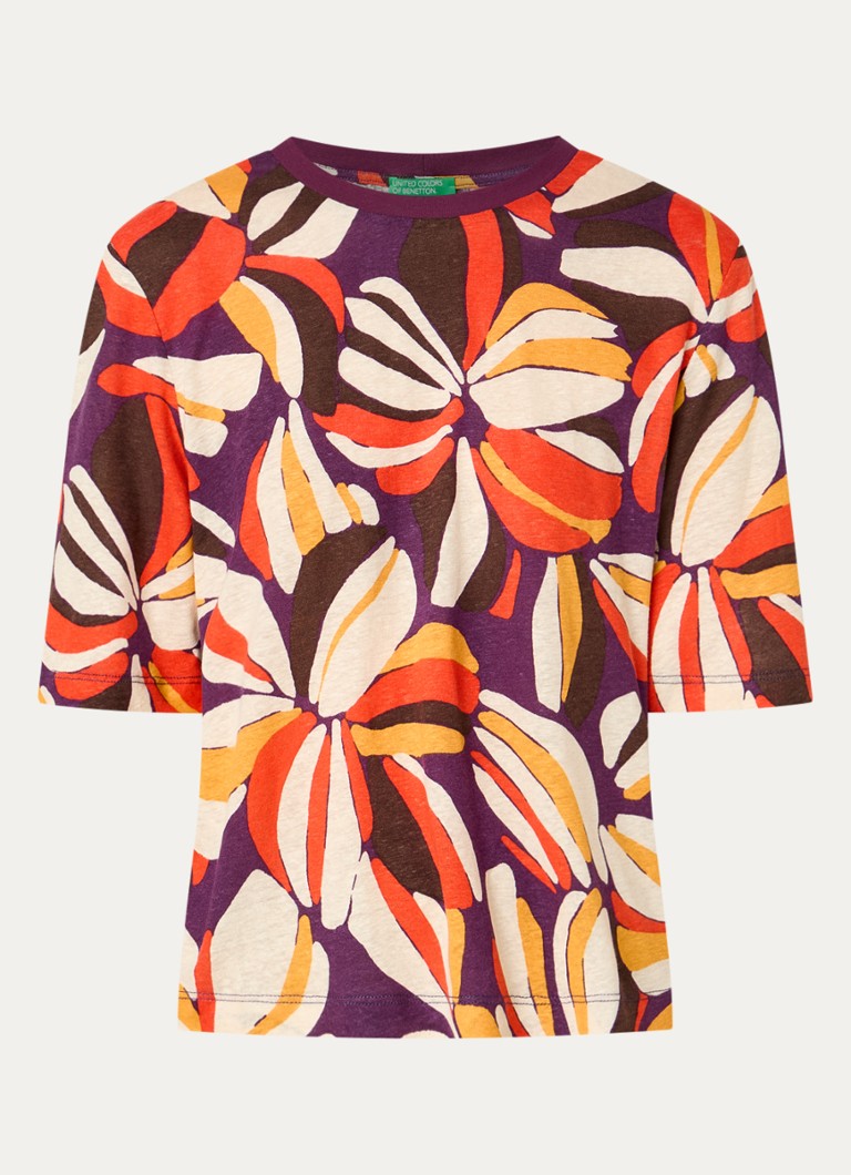 Benetton Dames T-shirt in linnenblend met print in de kleur Oranje