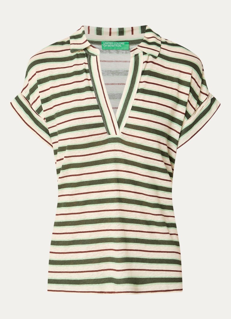 Benetton Dames T-shirt in linnenblend met streepprint en polokraag in de kleur Creme
