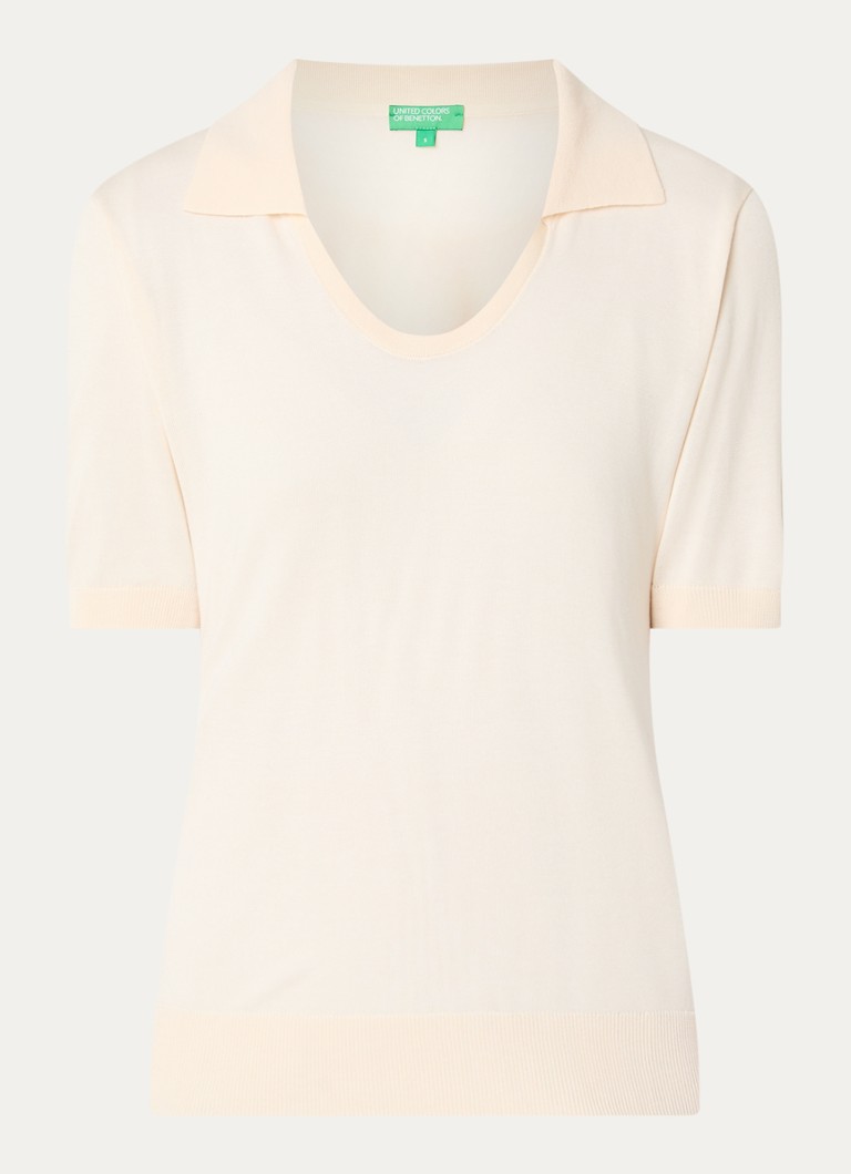Benetton Dames Semi-transparante polo in zijdeblend met ronde hals in de kleur Creme