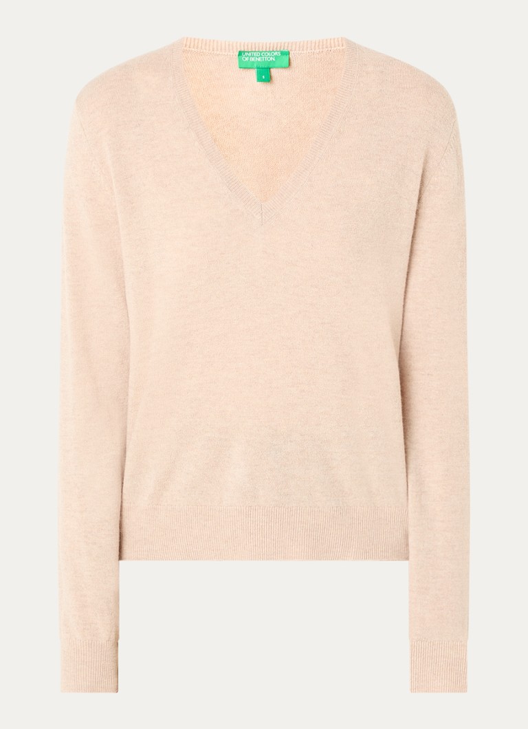 Benetton Dames Fijngebreide trui van scheerwol met V-hals in de kleur Beige