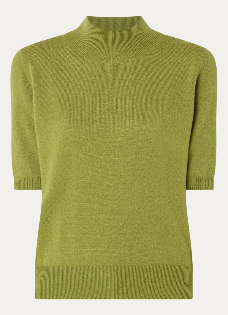 Benetton Dames Fijngebreid T-shirt in kasjmierblend met ronde hals in de kleur Olijfgroen
