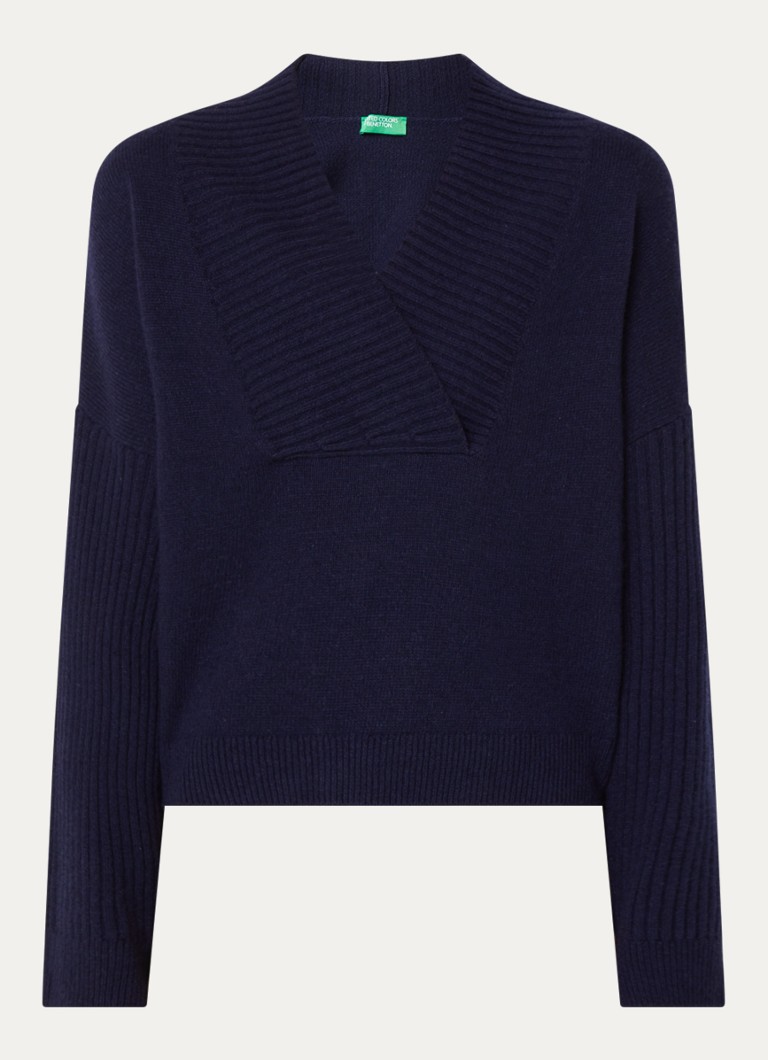 Benetton Dames Fijngebreide pullover in wolblend met V-hals in de kleur Royalblauw
