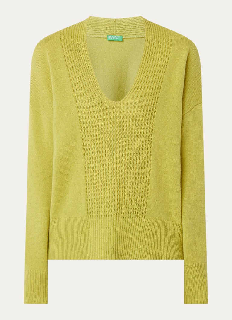 Benetton Dames Fijngebreide trui in wolblend met col in de kleur Lime
