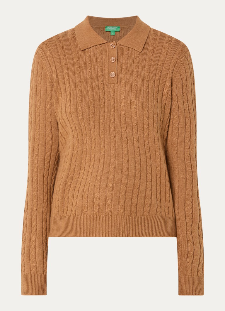 Benetton Dames Kabelgebreide trui in kasjmier wolblend met polokraag in de kleur Camel