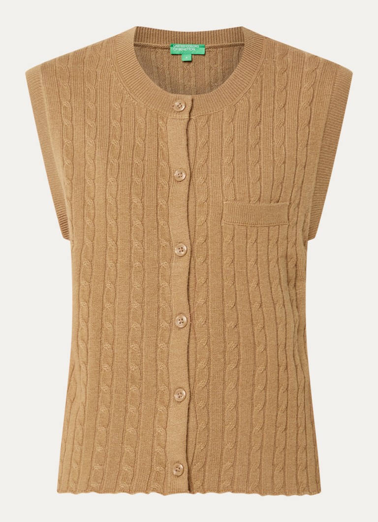 Benetton Dames Fijngebreide gilet in kasjmierblend met borstzak in de kleur Camel