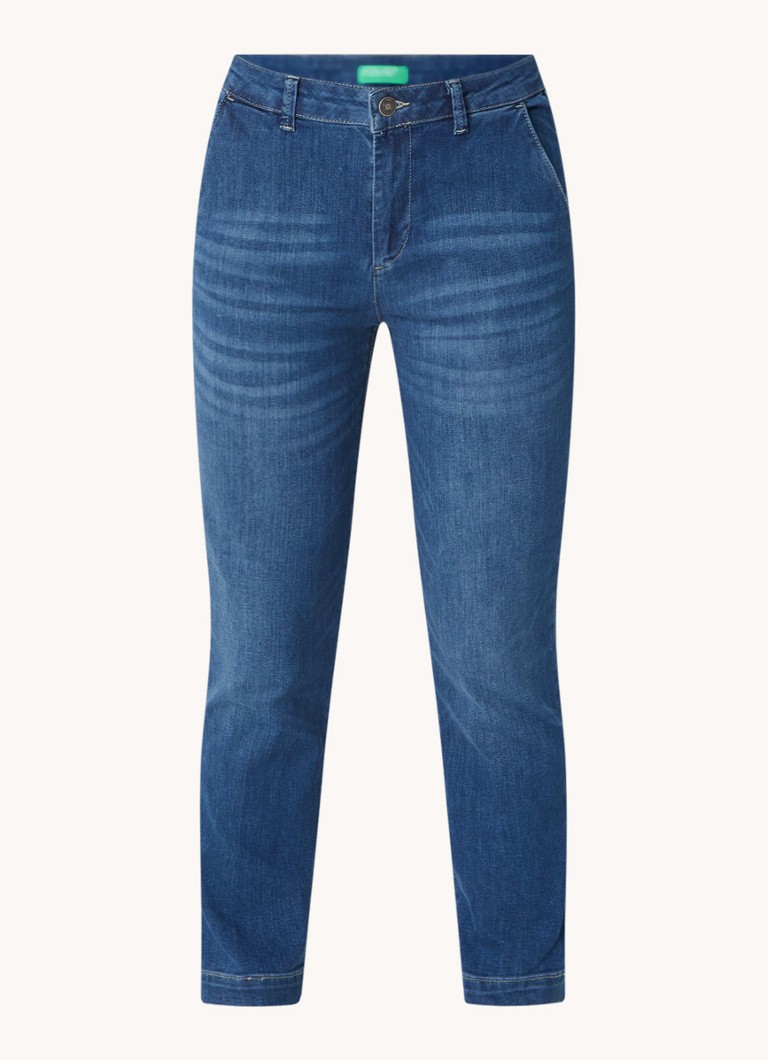 Benetton Dames Mid waist slim fit jeans met verwassen afwerking in de kleur Indigo