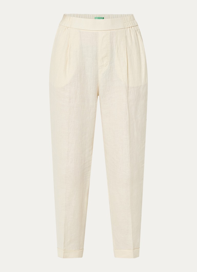 Benetton Dames High waist cropped tapered fit pantalon van linnen in de kleur Gebroken wit
