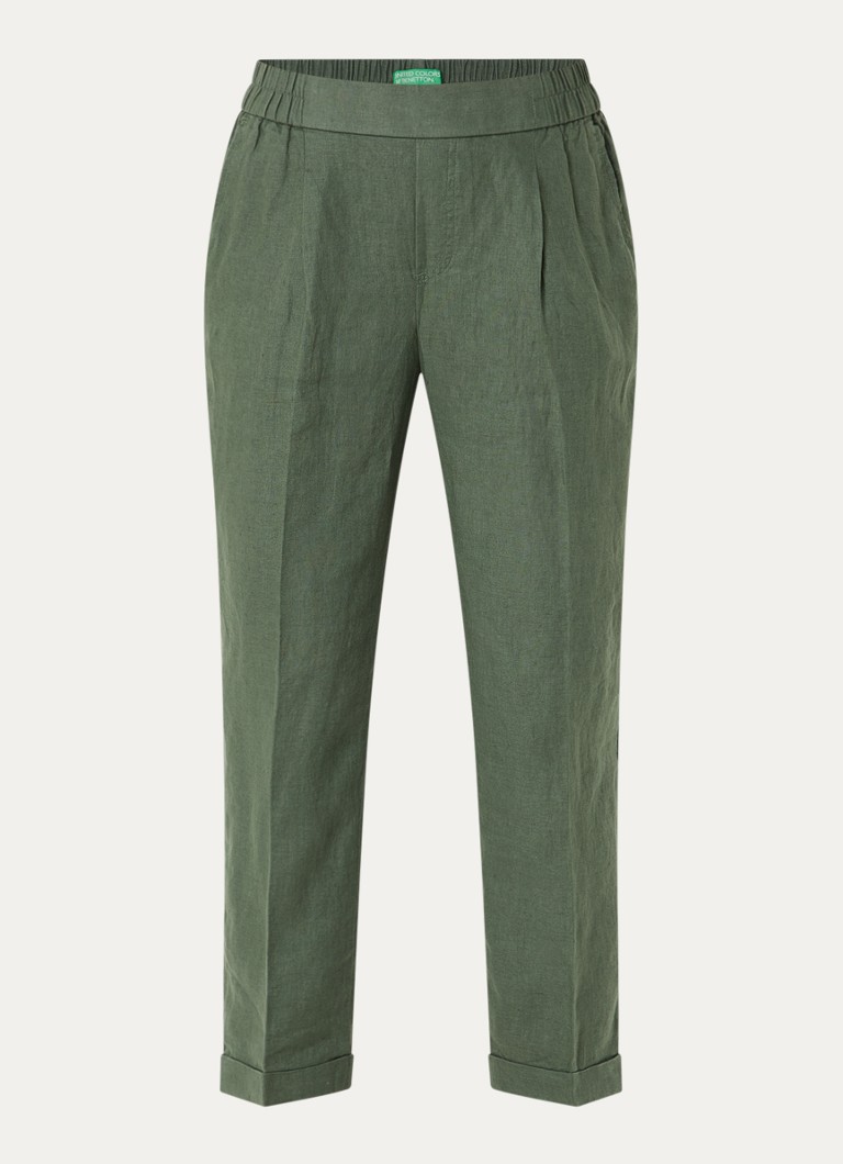 Benetton Dames High waist cropped tapered fit pantalon van linnen in de kleur Donkergroen